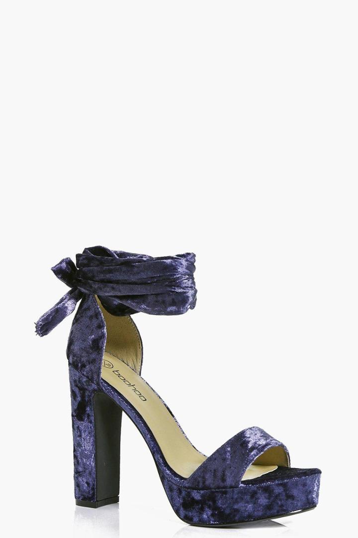 Boohoo Keira Velvet Wrap Strap Platform Heels Blue