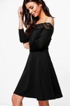 Boohoo Petite Heidi Off The Shoulder Lace Trim Skater Dress Black