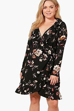 Boohoo Plus Jessica Ruffle Wrap Floral Dress