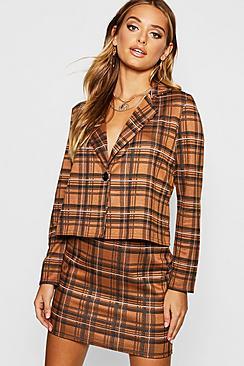 Boohoo Knitted Check Blazer And Skirt Set