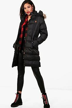 Boohoo Tall Padded Longline Coat With Faux Fur Trim