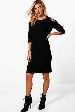 Boohoo Lottie Cold Shoulder Rib Knit Jumper Dress