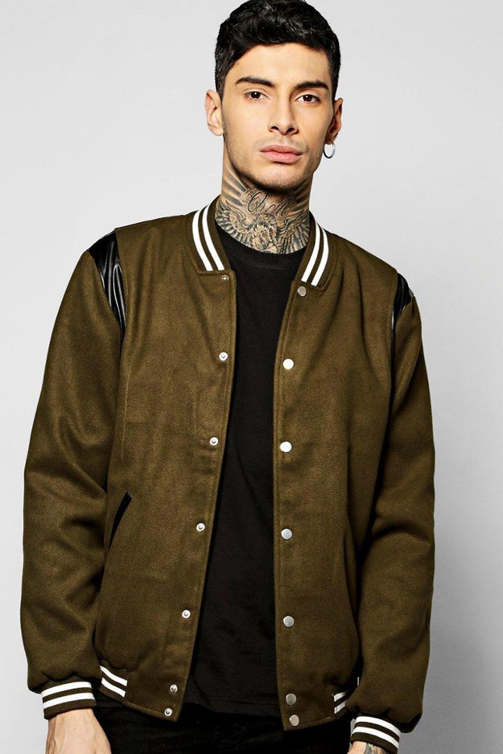 Boohoo Melton Varsity Bomber With Pu Inserts Khaki