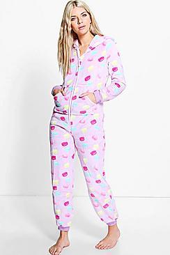 Boohoo Ella Sweet Print Ear Hooded Zip Up Fleece Onesie