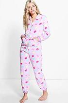 Boohoo Ella Sweet Print Ear Hooded Zip Up Fleece Onesie