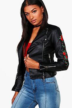 Boohoo Mel Rose Embroidered Biker Jacket