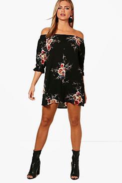 Boohoo Floral Off Shoulder Shift Dress