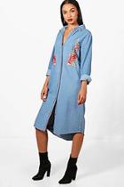 Boohoo Mia Button Through Embroidered Denim Midi Dress