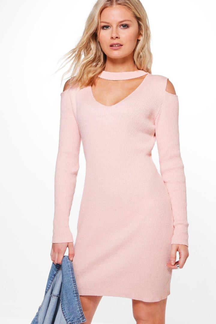 Boohoo Natalia Choker Rib Knit Bodycon Jumper Dress Nude