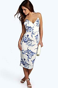 Boohoo Petite Heather Plunge Neck Printed Midi Dress