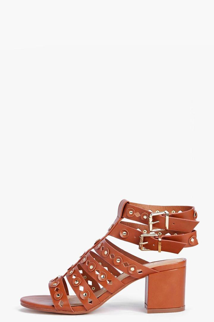 Boohoo Katy Block Heel Lazer Cut Sandal Tan