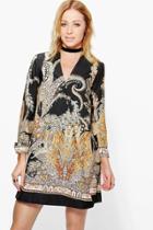 Boohoo Stassie Border Paisley Wrap Shirt Dress Black