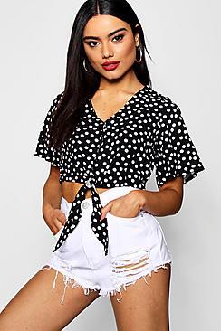 Boohoo Ellie Polka Dot Button Detail Tie Front Blouse