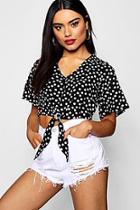 Boohoo Ellie Polka Dot Button Detail Tie Front Blouse