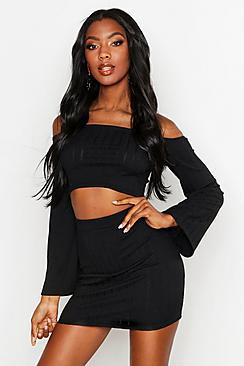 Boohoo Plaited Rib Off Shoulder Bodycon Skirt Co-ord