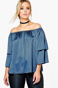 Boohoo Plus Emilie Satin Ruffle Off The Shoulder Top