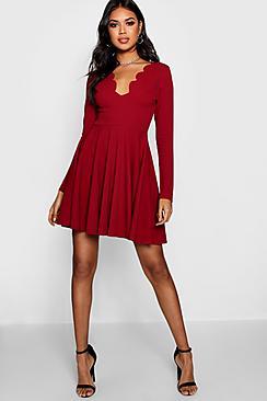 Boohoo Ava Long Sleeve Scallop Edge Skater Dress
