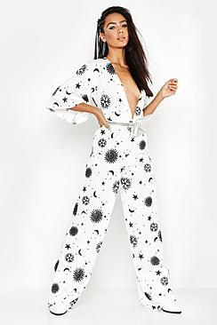 Boohoo Celestial Print Knot Front Wide Leg Jumpsuit