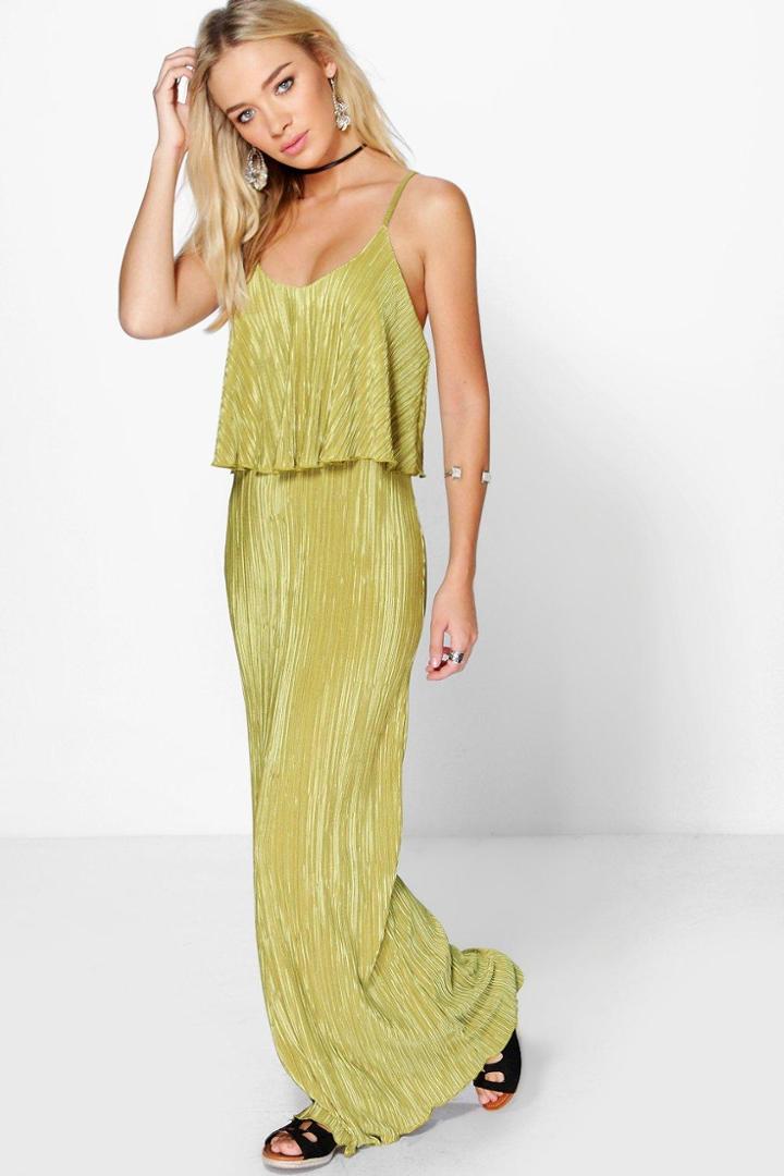 Boohoo Dina Double Layer Crinkle Maxi Dress Olive