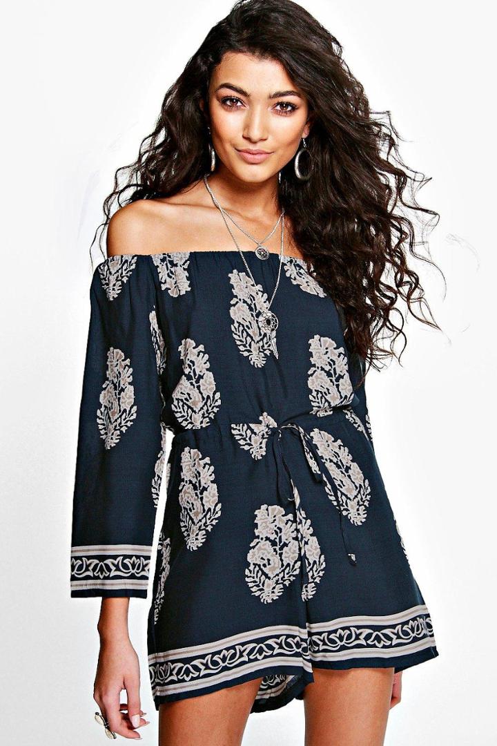 Boohoo Isla Off The Shoulder Printed Playsuit Navy