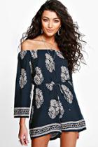Boohoo Isla Off The Shoulder Printed Playsuit Navy