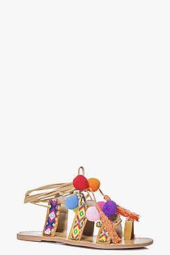 Boohoo Amy Multi Strap Pom Pom Trim Sandal