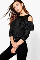 Boohoo Petite Sophie Cold Shoulder Frill Knitted Top