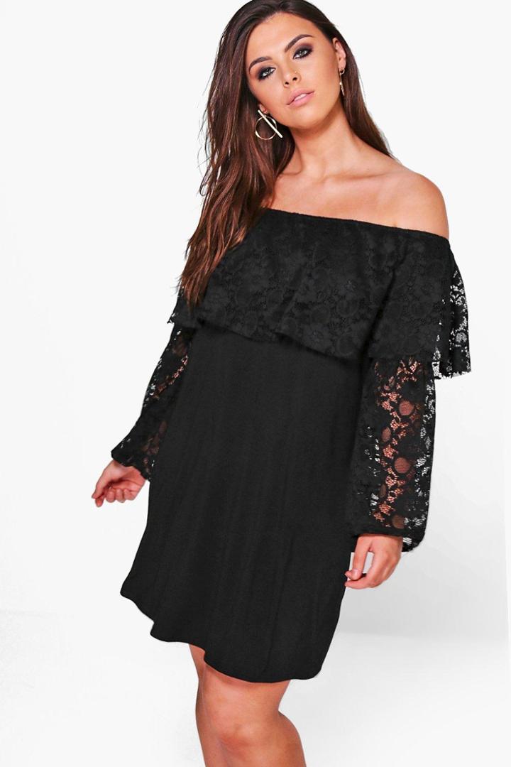 Boohoo Plus Leanne Off The Shoulder Lace Ruffle Shift Dress Black