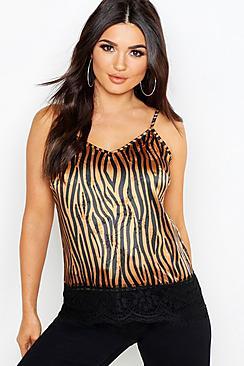Boohoo Zebra Print Satin Jacquard Lace Trim Cami