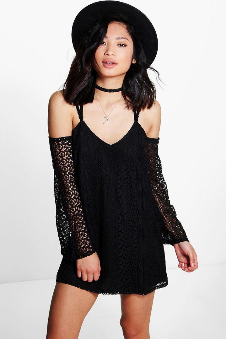 Boohoo Petite Mia All Over Lace Cold Shoulder Shift Dress Black