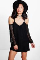 Boohoo Petite Mia All Over Lace Cold Shoulder Shift Dress Black
