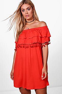 Boohoo Plus Elle Off The Shoulder Double Layer Tassel Dress