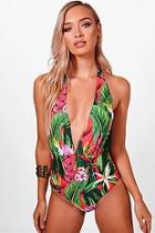 Boohoo Cuba Tropicana Plunge Halterneck Swimsuit