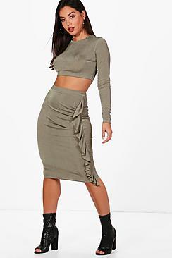 Boohoo Lo Ribbed Cropt Top And Ruffle Midi Skirt Set