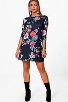 Boohoo Joss Dark Floral 3/4 Sleeve Shift Dress