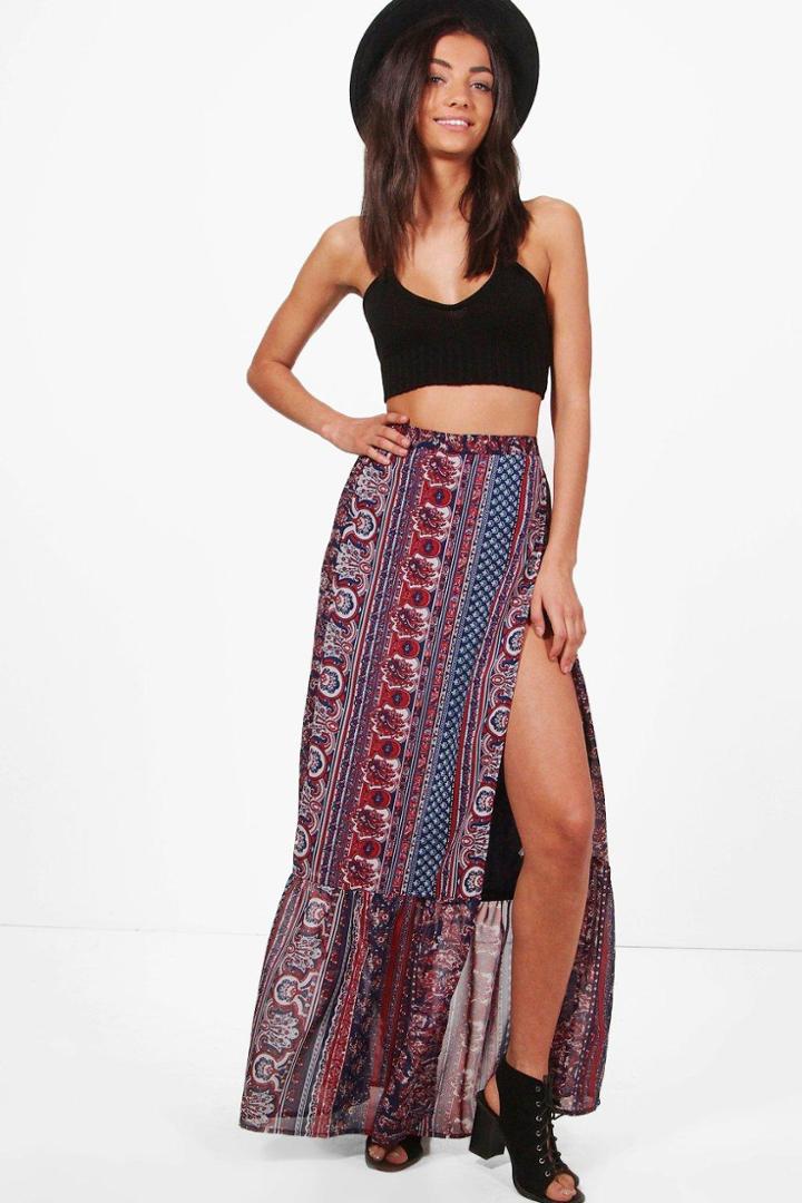 Boohoo Tall Tayla Wrap Front Ruffle Maxi Skirt Multi