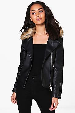 Boohoo Petite Sofia Faux Fur Colour Pu Jacket