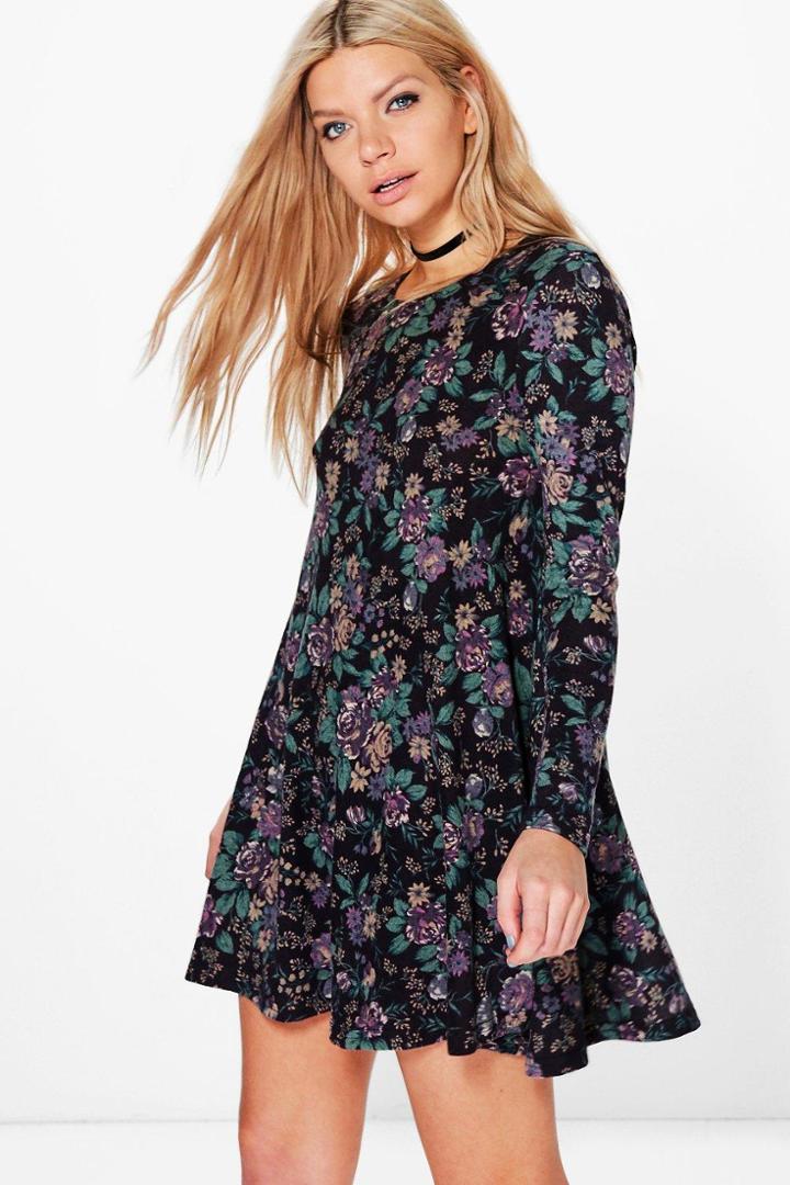 Boohoo Joan Floral Brushed Knit Swing Dress Grape