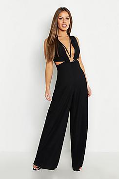 Boohoo Petite Rib O-ring Wide Leg Jumpsuit