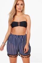 Boohoo Plus Annie Tassle Trim Stripe Print Beach Short Navy