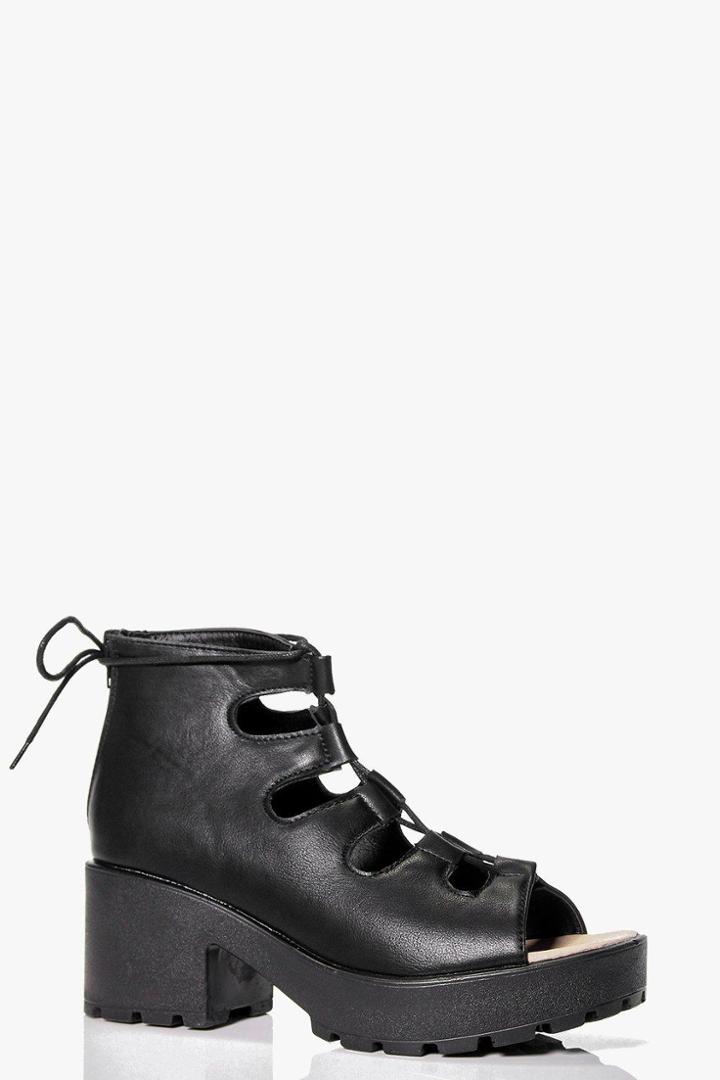 Boohoo Hollie Cleated Peeptoe Lace Up Sandal Black