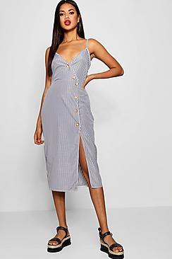 Boohoo Katy Woven Stripe Button Detail Midi Shift Dress