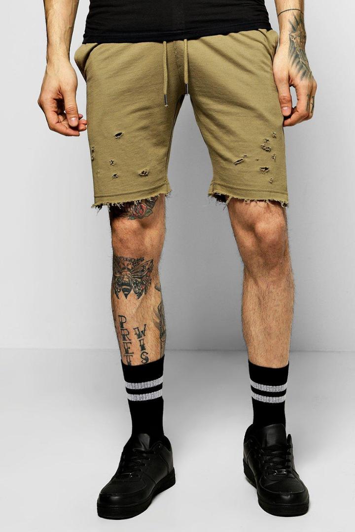 Boohoo Jersey Shorts With Distressing & Raw Edges Khaki
