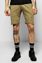 Boohoo Jersey Shorts With Distressing & Raw Edges Khaki