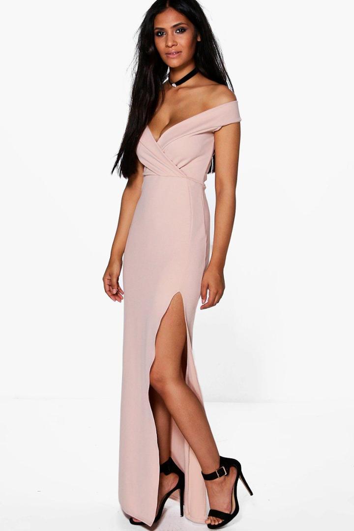 Boohoo Amie Wrap Top Off Shoulder Maxi Dress Stone