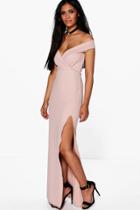 Boohoo Amie Wrap Top Off Shoulder Maxi Dress Stone