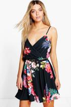 Boohoo Laura Floral Strappy Wrap Skater Dress Black
