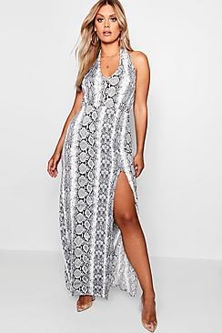 Boohoo Plus Jackie Slinky Snake Print Plunge Maxi Dress