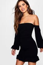 Boohoo Petite Bella Bishop Sleeve Bandeau Frill Hem Mini Dress