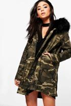 Boohoo Tiffany Boutique Camo Faux Fur Hood Parka Black